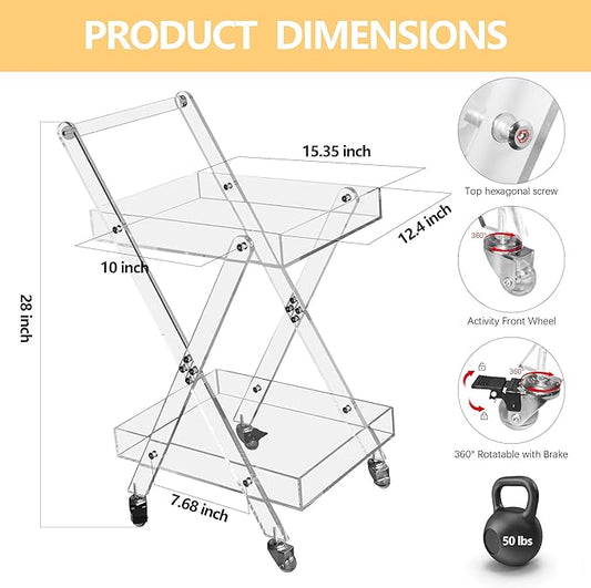 2-Tier Rolling Cart Storage Organizer, Acrylic Utility Cart with Wheels and Handle, for Kitchen, Bathroom, Balcony, Office