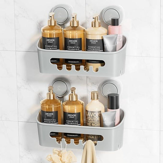 LEVERLOC Shower Caddy Suction Cup 2 Pack, Shower Organizer Removable Bathroom Shelf, Storage Suction Powerful Max Hold 22lbs Bathroom Caddy Waterproof Holder, Gray - ModernBath