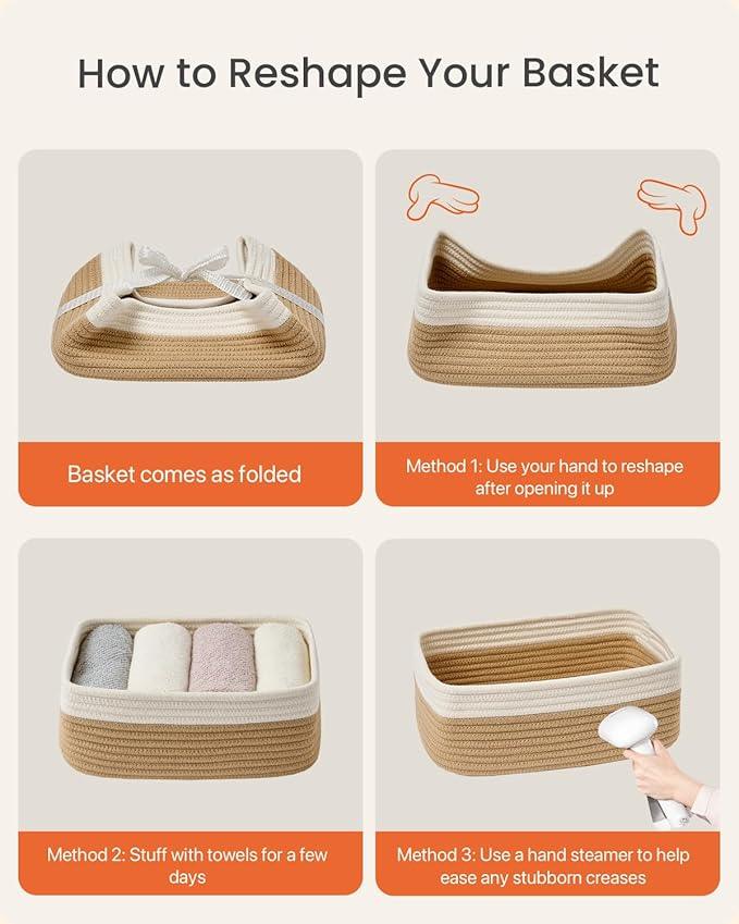 Small Woven Basket, 12 x 8 x 4.5 Inches, Storage Basket for Organizing, Cute Small Rope Shelf Closet Cube Storage Bins Baskets for Shelves, Dog Toy Gift Baskets Empty, 3 Pack White & Brown - ModernBath