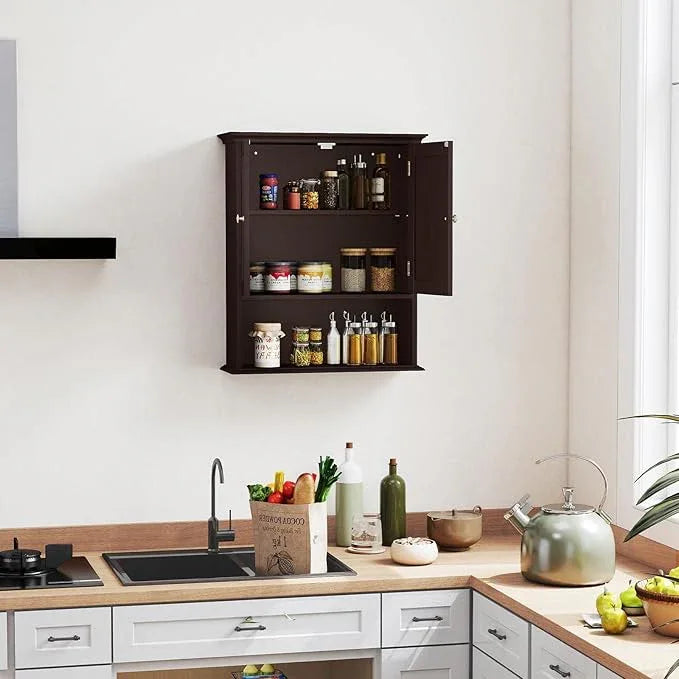 Tangkula Bathroom Wall Cabinet, Wooden Hanging Storage Cabinet with Doors & Shelves, Multipurpose Storage Cabinet for Restroom Kitchen Living Room, Wall Mounted Bathroom Medicine Cabinet (Brown) - ModernBath