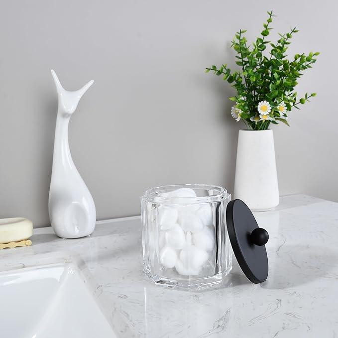 Indecor Home Clear Transparent Apothecary Octagional Shaped Glass Canister Jar With Matte Black Metal Lid Cover for Bathroom Organization, Cotton Balls, Q Tips, and Small Accessories, Bath Storage - ModernBath