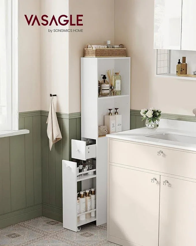 VASAGLE Slim Storage Cabinet, Narrow Freestanding Cabinet with Drawers and Adjustable Shelf, Modern Linen Tower for Living Room Bathroom Bedroom, White UBBK567T14 | Narrow, Freestanding, Storage Drawers, Adjustable Shelf, Modern Style - ModernBath