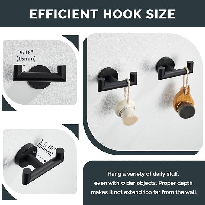 Angle Simple Double Towel Hook Matte Black 2 PCS, Stainless Steel Bathroom Robe Hook, Hand Towel Holder for Wall - ModernBath