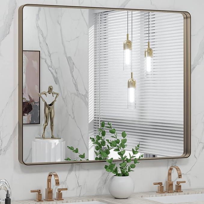LOAAO 40”X32” Bronze Bathroom Mirrors for Vanity, Rounded Rectangle Brushed Bronze Metal Frame Mirror, Anti-Rust, Tempered Glass, Hangs Horizontally or Vertically - ModernBath