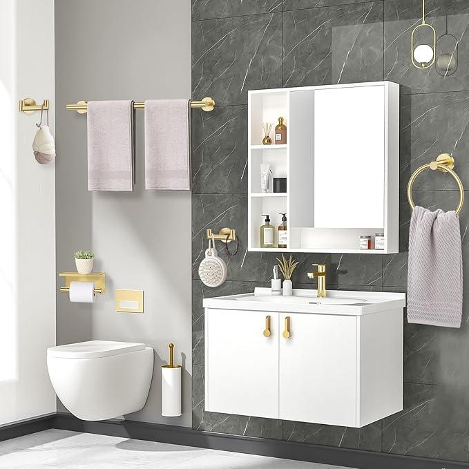 TNOMS 5-Piece Towel Bar Set Brushed Gold Bathroom Hardware Accessories Set Include 23.6in Towel Bar Toilet Paper Holder Towel Ring Towel Hooks Stainless Steel Towel Holder Set Wall Mounted - ModernBath