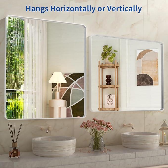 WEER White Bathroom Mirror 36X30 Inch, Rounded Rectangle White Metal Frame Mirror, Matte White Bathroom Vanity Mirror with Tempered Glass, Anti-Rust, Hangs Horizontally or Vertically - ModernBath
