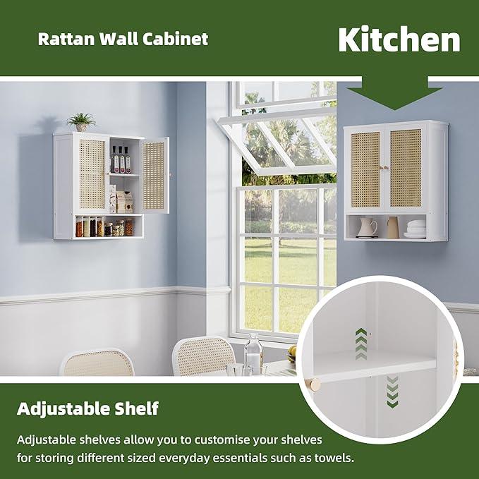 Bathroom Wall Cabinet, Bamboo Over-The-Toilet Storage Organizer with 2 Rattan Doors and Adjustable Shelf, Space Saver Medicine Cabinet for Laundry, Kitchen, Living Room (White) - ModernBath