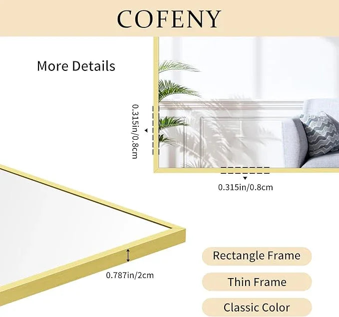 COFENY 30x55In Gold Bathroom Mirror for Wall, Brushed Gold Rectangle Mirrors with Metal Frame, Bathroom Rectangular Mirror Modern Wall Mirror for Bedroom Living Room, Hangs Horizontal or Vertical - ModernBath