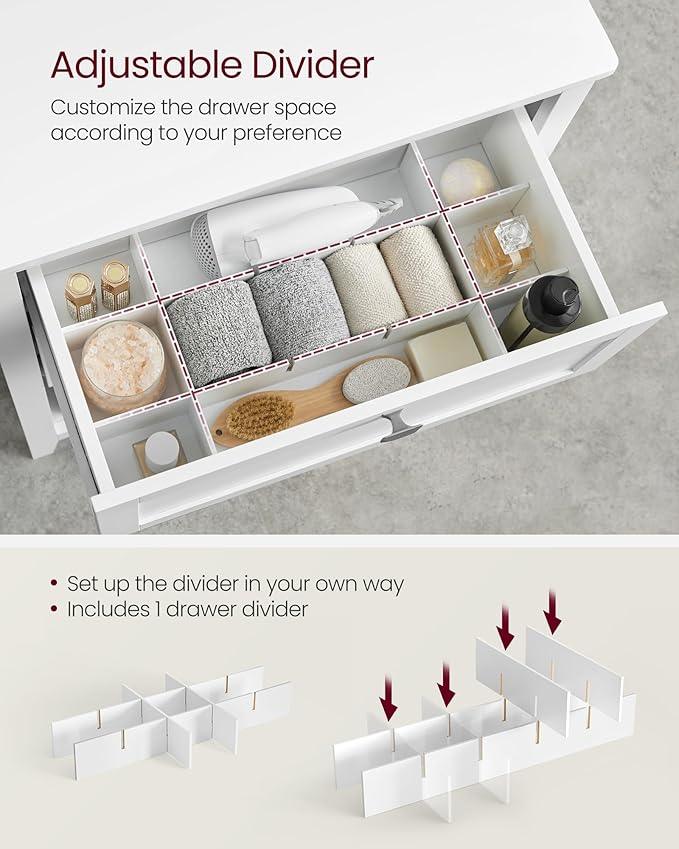 VASAGLE Storage Cabinet, Freestanding Floor Cabinet, 2 Drawers with 1 Set of Adjustable Divider, 2 Baskets, Sideboard, 11.8 x 23.6 x 31.5 Inches, for Bathroom, Living Room, Cloud White UBBC545W02 - ModernBath