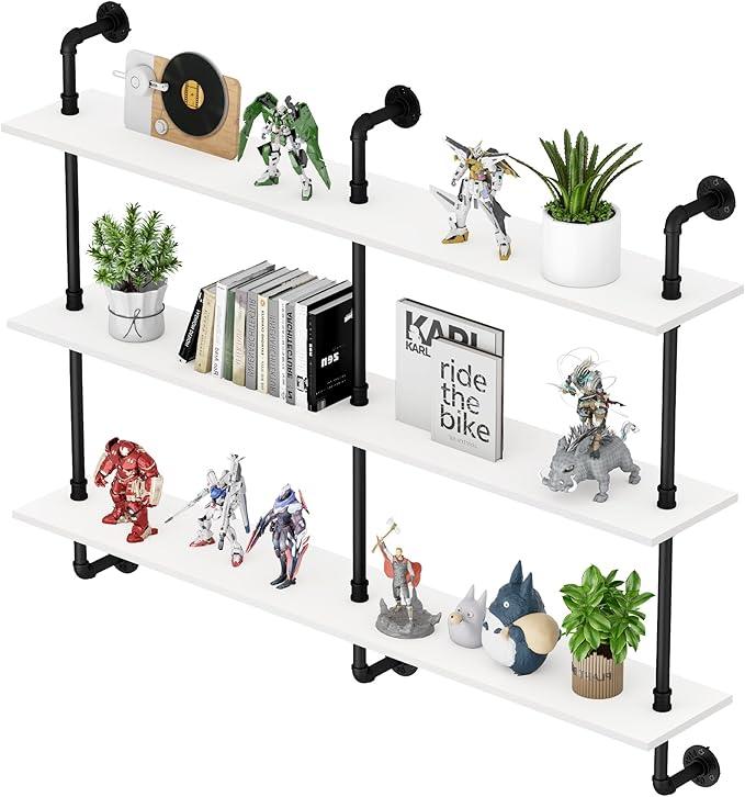 3-Tier Industrial Pipe Floating Shelf – Rustic 48 inch Wood Wall-Mounted Storage Shelf for Kitchen Office,Bathroom & Home Decor -White - ModernBath