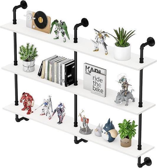 3-Tier Industrial Pipe Floating Shelf – Rustic 48 inch Wood Wall-Mounted Storage Shelf for Kitchen Office,Bathroom & Home Decor -White - ModernBath