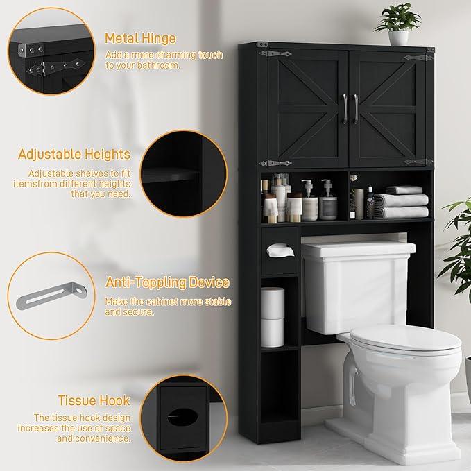 Vabches Over The Toilet Storage Cabinet, Farmhouse Storage Cabinet Over Toilet with 2 Barn Doors && Toilet Paper Holder Stand，Home Space-Saving Toilet Rack, for Laundry, Restroom, Bathroom.Pure Black - ModernBath