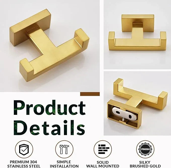 APLusee Double Robe Towel Hook Brushed Gold, 304 Stainless Steel Bathroom Hand Towel Holder, Clothes Wall Hanger for Toilet Kitchen Cabinet - ModernBath