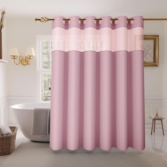 Inhousolu No Hook Shower Curtain with Snap in Fabric Liner Set Waffle Weave 230GSM Weighted Hem, Waterproof & Washable Bathroom Curtain Spa Luxury with Mesh Top Window 72" W x 72" L Pink - ModernBath