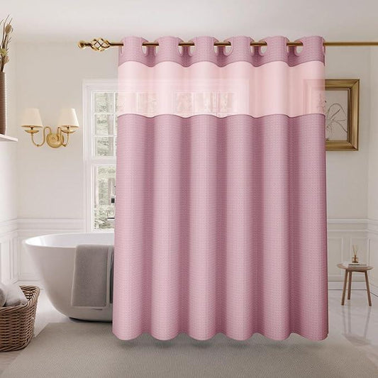 Inhousolu No Hook Shower Curtain with Snap in Fabric Liner Set Waffle Weave 230GSM Weighted Hem, Waterproof & Washable Bathroom Curtain Spa Luxury with Mesh Top Window 72" W x 72" L Pink - ModernBath