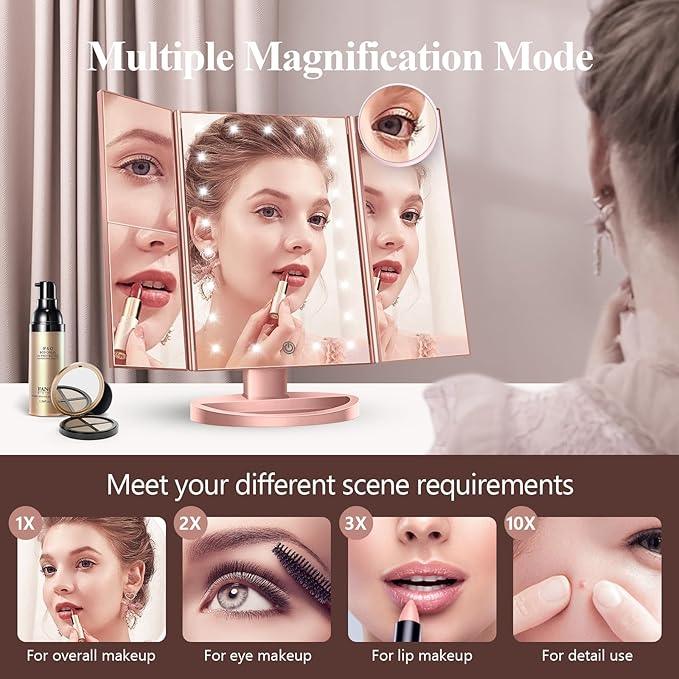 HUONUL Makeup Mirror Vanity with Lights, 2X 3X 10X Magnification, Touch Control, Trifold Mirror, Dual Power Supply, Gifts for Women, Wife, Mom, Teengirls(Rose Gold) - ModernBath