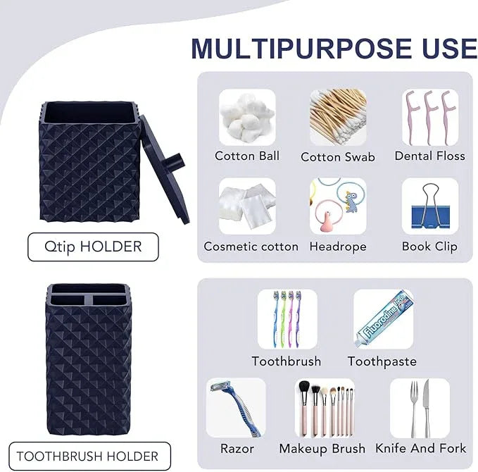 Bathroom Accessories Set Resin 6PCS, Square Toothbrush Holders Set Complete with Soap Dispenser, Vanity Tray, Tumbler, Cups and Cotton Swab Jars (Navy Diamond, Resin Bath 6 PCS) - ModernBath