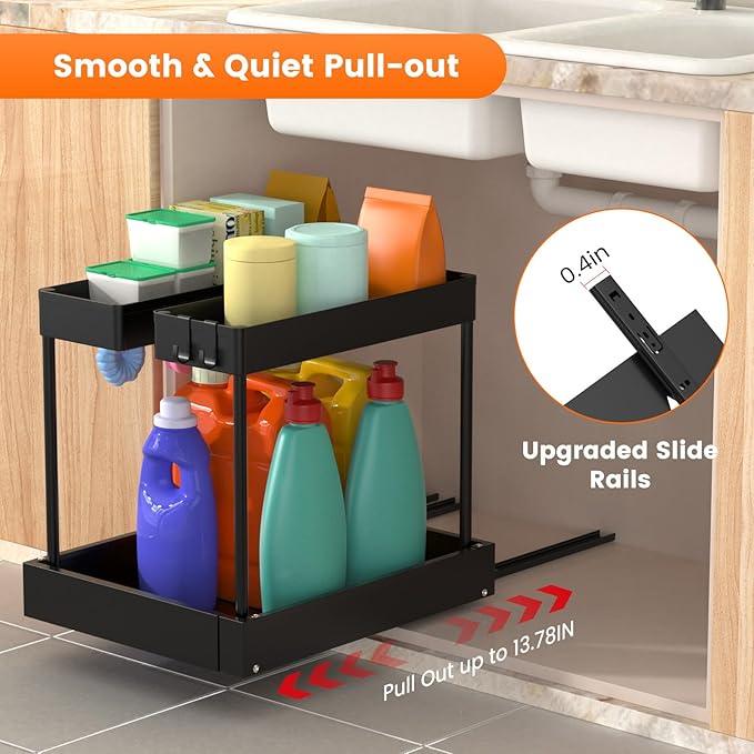 Expandable Under Sink Organizers and Storage,Width Adjustable (14.9-23.6IN),No Drill 2-Tier Pull Out Under Cabinet Organizer for Kitchen Bathroom Laundry (black) - ModernBath