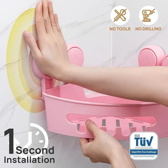 LEVERLOC Corner Shower Caddy Suction Cup, Powerful Suction Bathroom Shower Shelf, Waterproof and Rustproof Organizer for Bathroom Storage and Kitchen, No-Drilling Removable, Pink - ModernBath