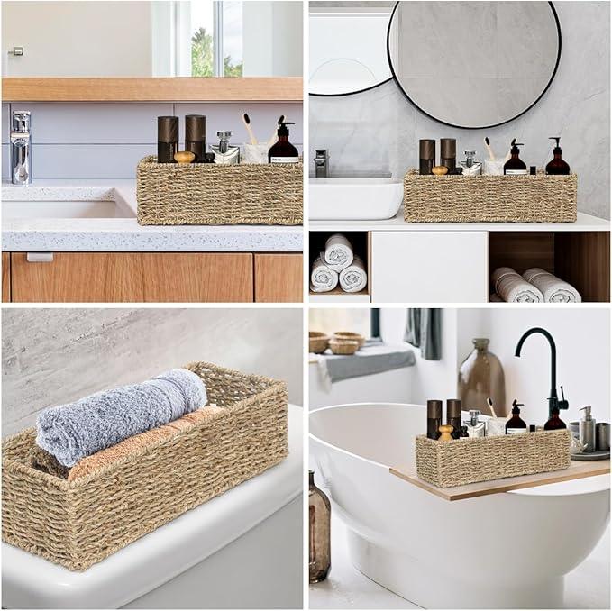 [2-Pack] Seagrass Storage Baskets, Rectangle Wicker Containers, Wicker Toilet Basket Tank Topper, Handwoven Natural Storage Baskets for Shelves, Bathroom, Bedroom (16" x 6.5" x 4.3") - ModernBath