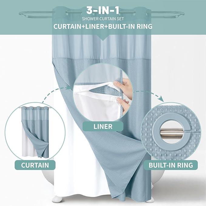 eachope Teal No Hook Waffle Weave Shower Curtain with snap-in Liner Replacement, 230GSM Waterproof Fabric Hotel Shower Curtain Set for Bathroom, Through Mesh Top Window,54Wx80H - ModernBath