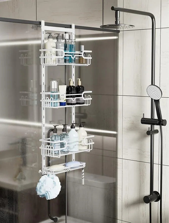 Consumest Over The Door Shower Caddy - 4 Tier Adjustable Hanging Shower Organizer Shelf with 2 Soap Holders & 22 Hooks, Rustproof Easy Installation Hanging Storage Rack for Bathroom, White - ModernBath