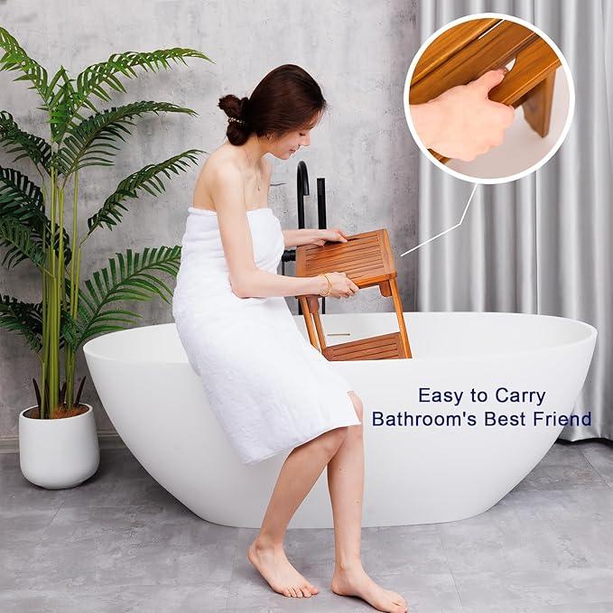 14" Compact Teak Shower Stool with Shelf & Handle - Waterproof, Non-Slip Bath Bench for Small Bathrooms/Outdoor Use, 300 lbs Capacity (Patented) - ModernBath