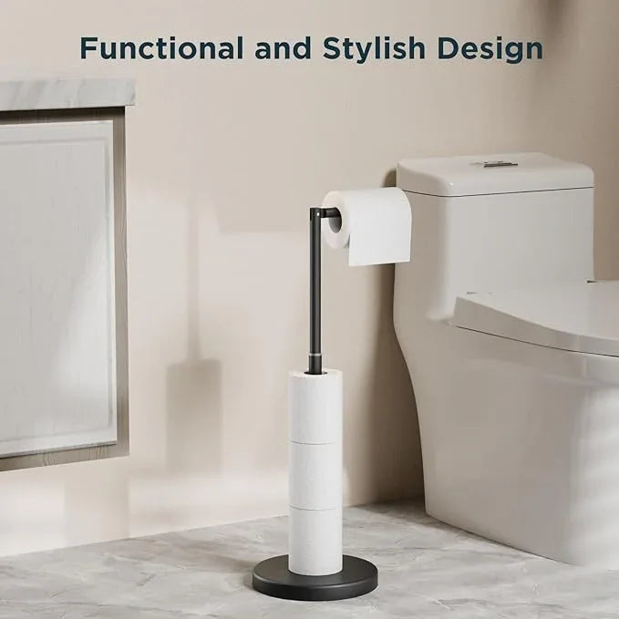 FORIOUS Toilet Paper Holder Stand Adjustable, Stainless Steel Freestanding Toilet Paper Holder with Storage, Bathroom Tissue Roll Stand Storage for 4 Rolls, Matte Black - ModernBath