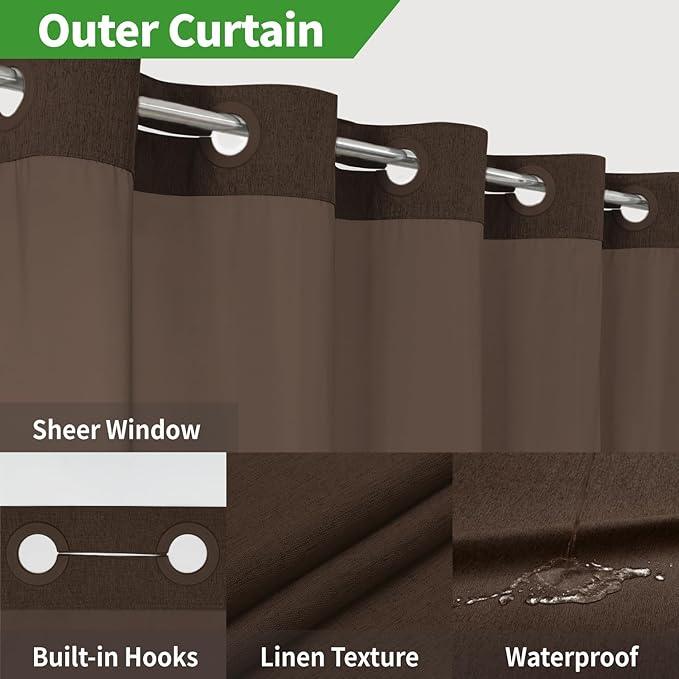 eachope Long No Hooks Needed Linen Textured Shower Curtain with Snap-in Fabric Liner Set,Hotel Luxury Decor Shower Curtains for Bathroom,Waterproof & Washable,71Wx80H,Brown - ModernBath