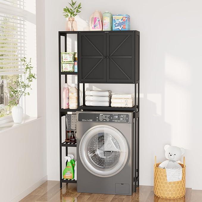 Bamboo Over The Toilet Storage, Above Toilet Organizer Storage Shelf Stand, Tall Freestanding Behind Toilet Rack, Tiered Bathroom Space Saver Shelving, Easy Assembly (Black) - ModernBath