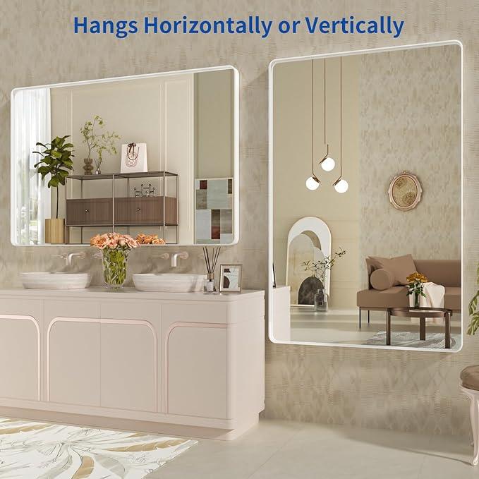 WEER White Bathroom Mirror 60X28 Inch, Rounded Rectangle White Metal Frame Mirror, Matte White Bathroom Vanity Mirror with Tempered Glass, Anti-Rust, Hangs Horizontally or Vertically - ModernBath
