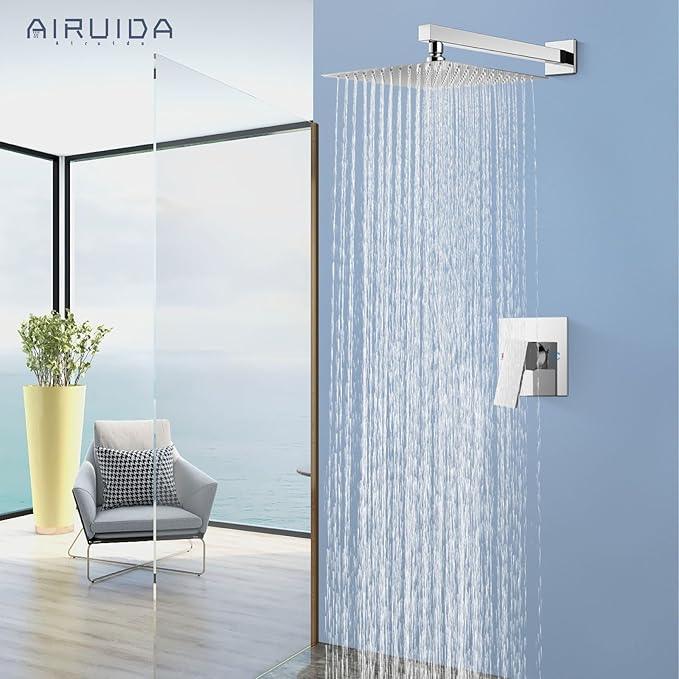 Airuida Shower Faucet Set Bathroom Rain Shower System SUS304 Stainless Steel Single Handle With Male Threads Rough-in Valve Shower Trim Kit 10 Inch Wall Mount Shower Head Chrome Polish - ModernBath