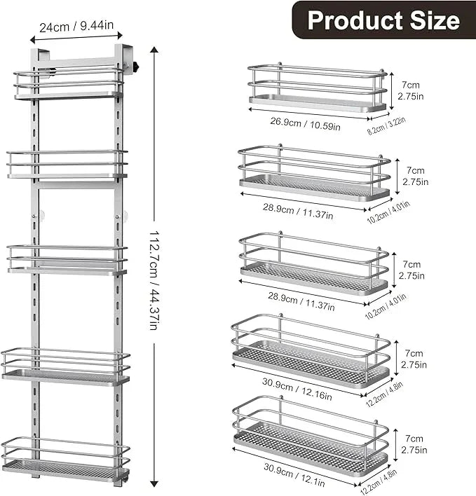 Orimade Over the Door Shower Caddy Adjustable 5 Tier Silver,Bathroom Hanging Organizer Shelf Rustproof with 4 Hooks,Shower Basket with Soap Holder and Suction Cup Bathroom - ModernBath
