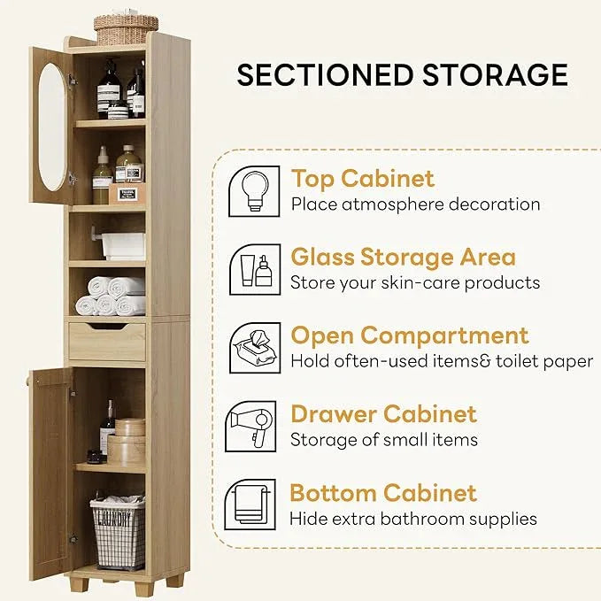 LIKIMIO 69" H Tall Bathroom Storage Cabinet with 2 Doors & 1 Drawer, Narrow Adjustable Shelves & Pull-Out Tissue Holder, Slim Freestanding Cabinet for Small Spaces, Kitchen, Entryway, Rustic White - ModernBath
