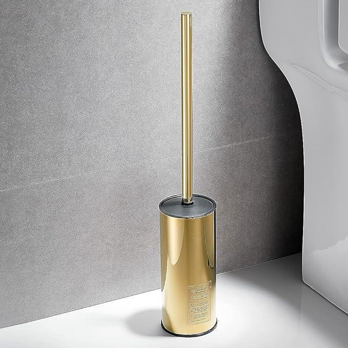 LANGPAI Freestanding Toilet Brush Holder for bathrooms 304 Stainless Steel Toilet Brush Stand Round Storage and Organization Rust Resistant 18-inch high Polished Gold Finished - ModernBath