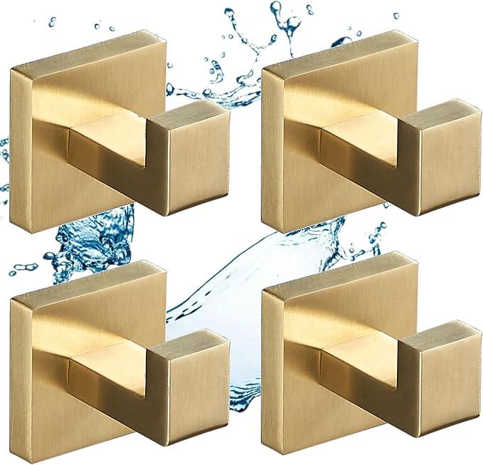 SHUNLI Brushed Gold Towel Hooks for Bathroom, 4 PCS Wall Hook Coat Robe Hook Towel Holder, Heavy Duty Bath Hook Modern Square, SUS304 Stainless Steel - ModernBath