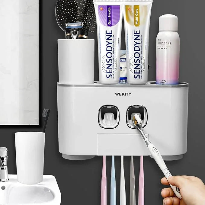 Toothbrush Holder WREWING Multi-Function Wall-Mounted Automatic Toothpaste Dispenser and Dust-Proof Toothbrush Holder with 5 Brush Slots 4 Cups 2 Automatic Toothpaste Dispensers 1 Storage Slot (Grey) - ModernBath