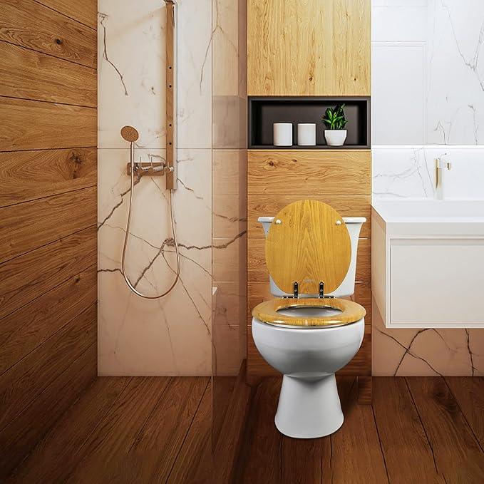 Angel Shield Durable Wood Veneer Natural Toilet Seat Metal Hinged Easy Clean Anti-scratch American Standard(Round,Oak) - ModernBath