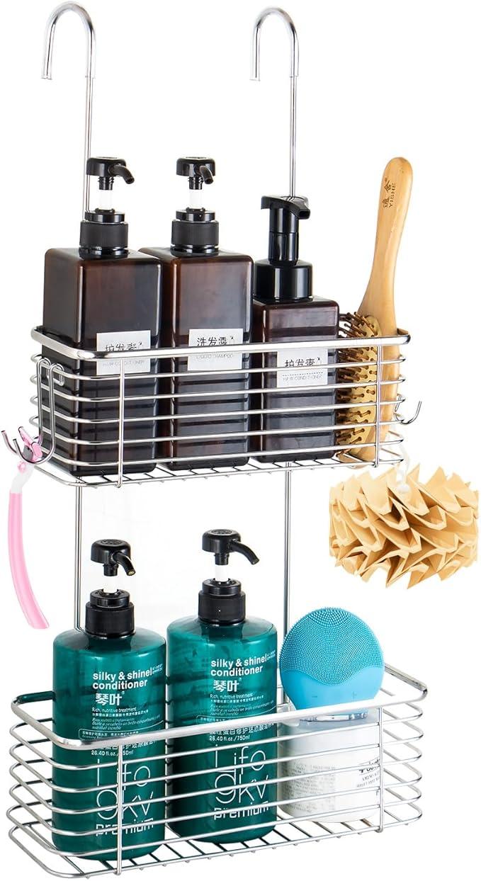 YQh Stainless steel double-layer shower rack, shower room hanging bathroom organizer, storage rack installed on the hanging bar or door, can store shampoo, hair conditioner, shower gel (double) - ModernBath