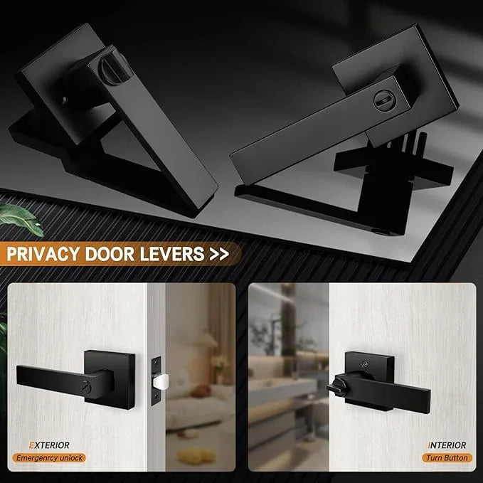 Probrico Matte Black Square Privacy Door Levers Bed Bath Door Handles, Heavy Duty Interior Keyless Door Locks for Left or Right Sided Doors, 4 Pack, Modern Design - ModernBath