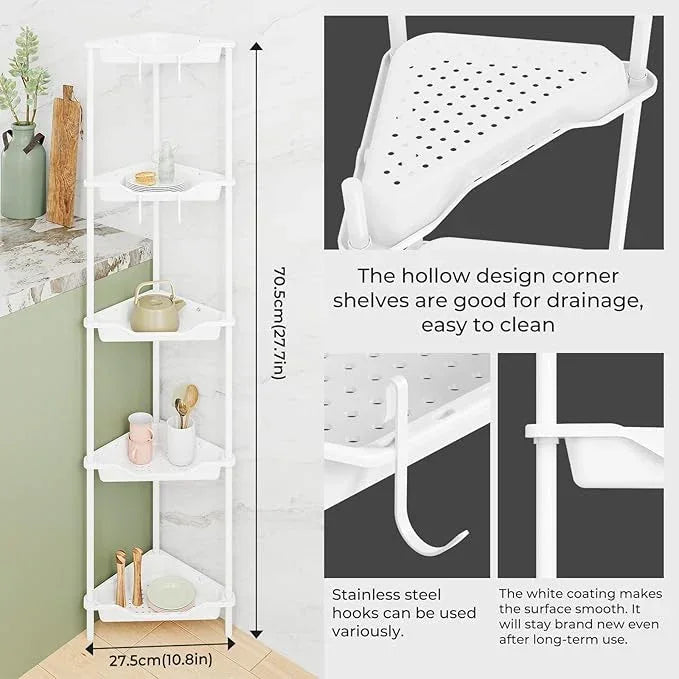 ODesign 5 Tier Floor Standing Corner Shower Caddy Organizer, Plastic Metal Floor Corner Shelf Storage Rack for Bathroom White - Rustproof - ModernBath