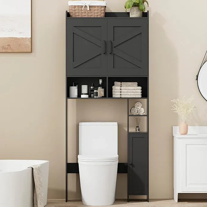 Homhedy Over The Toilet Storage Cabinet with 2 Barn Door and Toilet Paper Holder Stand, FreeStanding Toilet Shelf Space Saver, for Bathroom, Restroom, Laundry, Black - ModernBath