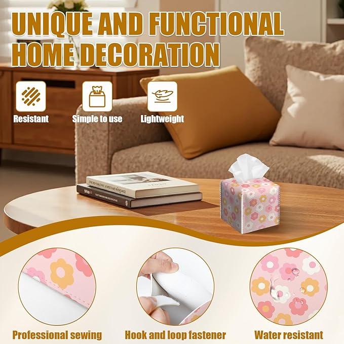 Retro Pink Flower Tissue Box Cover 2PCS, Leather Tissue Box Holder Square Facial Paper Case Tissue Box Cube Organizer for Bathroom Bedroom Desk Office - ModernBath
