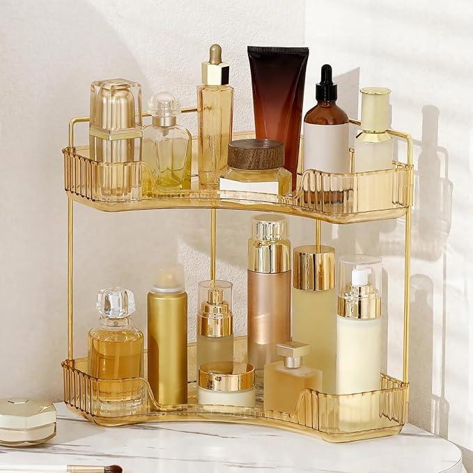 INVSSENE Corner Bathroom Countertop Organizer, Vanity Organizer Trays for Counter, Makeup Organizers, Perfume Tray, Skincare Shelf Storage Gifts for Women Girl Student (Yellow, 2 Tiers) - ModernBath
