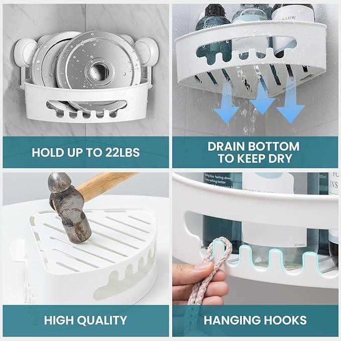 TAILI Suction Corner Shower Caddy, Bathroom Shelf Storage Basket Wall Mounted Organizer for Shampoo, Conditioner, Plastic Rack for Kitchen&Bathroom, Drill-Free Removable (2 Pack) - ModernBath