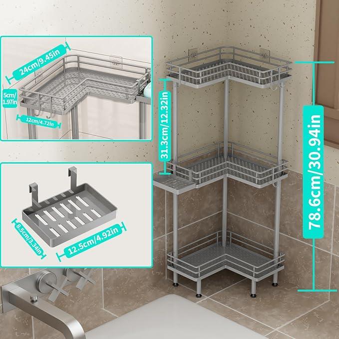 HapiRm Corner Shower Caddy Standing - 3 Tier Shower Organizer Corner with Soap Holder, Rustproof Bathroom Standing Organizer with 4 Hooks, Grey - ModernBath
