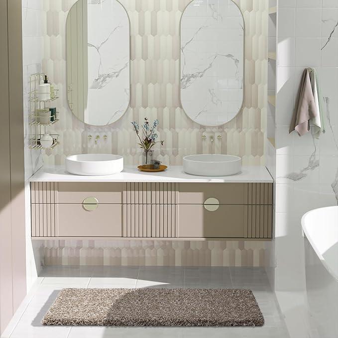Yimobra Luxury Bathroom Rugs, Fluffy Bath Mats, Non Slip, Water Absorbent Microfiber, Machine Washable, Plush Runner Shower Rugs, Thick Matts for Bathroom Floor&Tub, 47"x 24", Light Brown and White - ModernBath