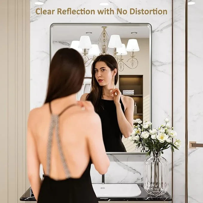 LOAAO 20X30 Inch Brushed Nickel Bathroom Mirror, Rounded Rectangle Silver Metal Frame Mirror, Brushed Nickel, Anti-Rust, Shatter Proof, Hangs Horizontally or Vertically - ModernBath