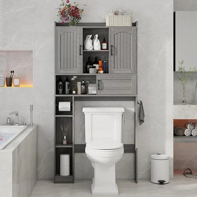 Vabches Farmhouse Over The Toilet Storage Cabinet with 2 Barn Doors & Sliding Door, Over The Toilet Bathroom Organizer with Open Storage Layer and Adjustable Shelves & Hooks.Grey - ModernBath