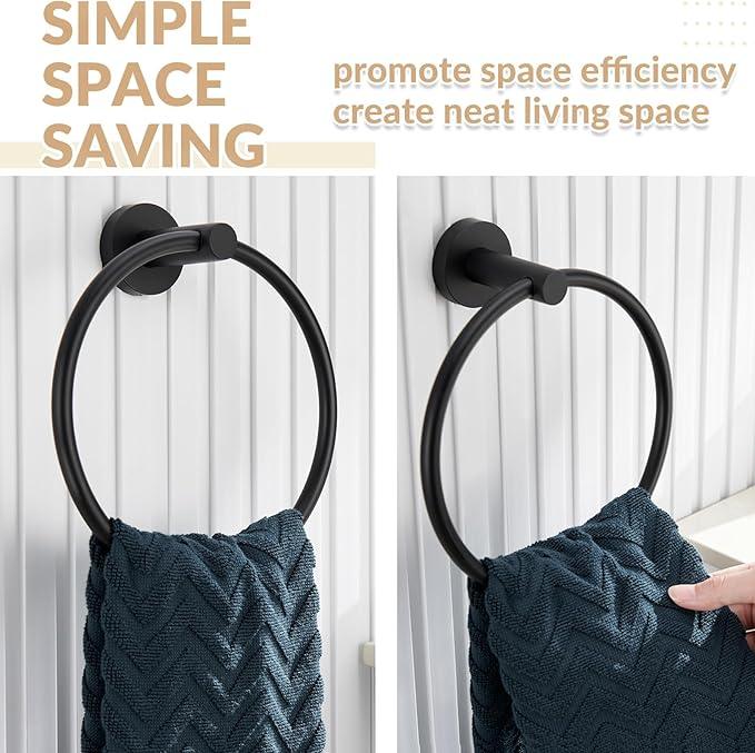 APLusee Matte Black Towel Ring Wall Mounted, Hand Towel Holder for Bathroom, Solid Stainless Steel Round Wall Hanger - ModernBath